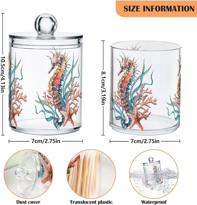 4 Pack Qtip Holder Dispenser Seahorse Starfish Watercolor Ocean Cotton Ball Cotton Swab Cotton Round Pads Floss Clear Bathroom Storage Containers Plastic Apothecary Jars with Lids