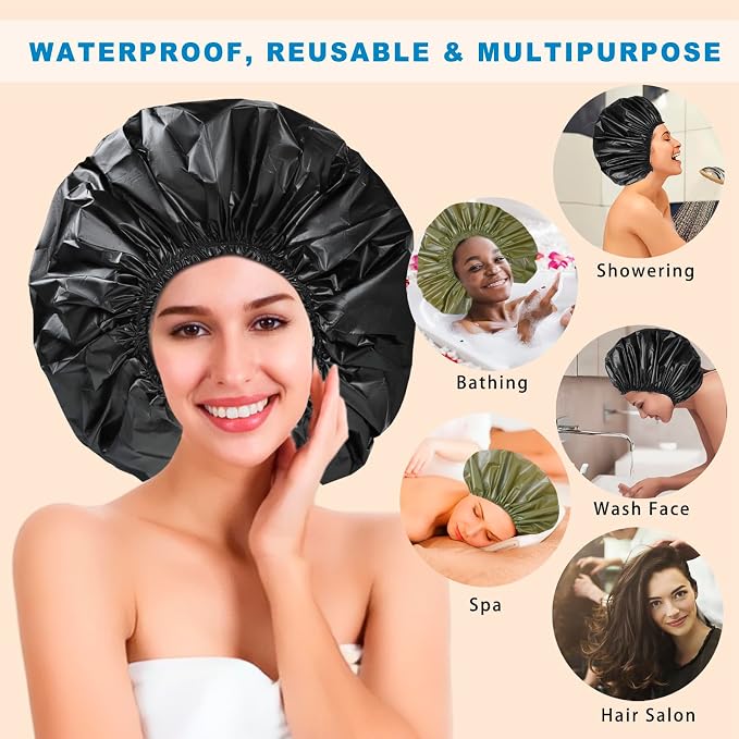 Super Jumbo Shower Cap for Women, 2 PCS Waterproof Hair Caps for Locs | Extra Large, Double Side Reusable PEVA Bath Cap, Washable, Holds Long Thick Twist Braid - Black+Green