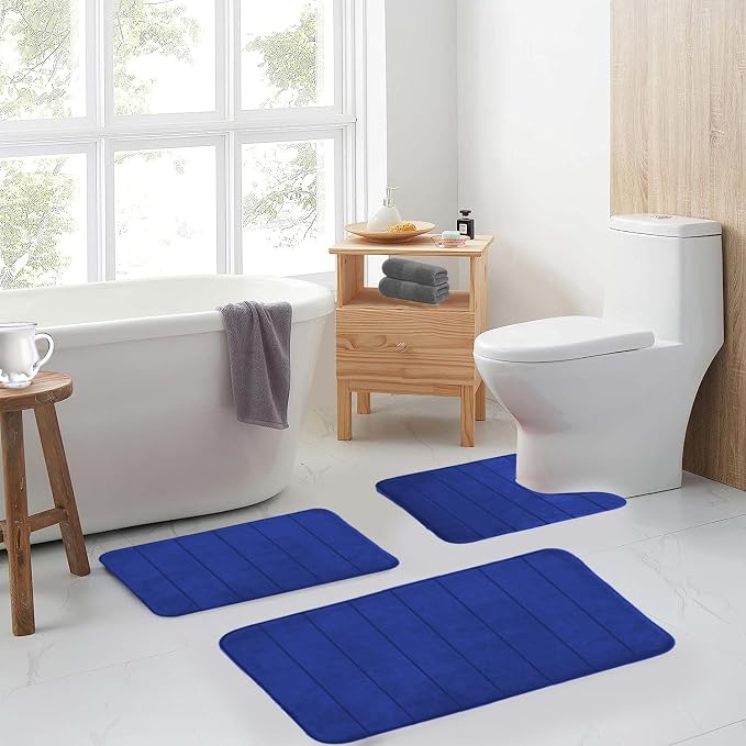 RUN HELIX Memory Foam Bath Mat Rug Set 3 Piece, Ultra Soft Non Slip and Absorbent Bathroom Rug, Machine Wash Dry, Comfortable, Thick Bath Rug Carpet for Bathroom Floor, Tub and Shower, Navy