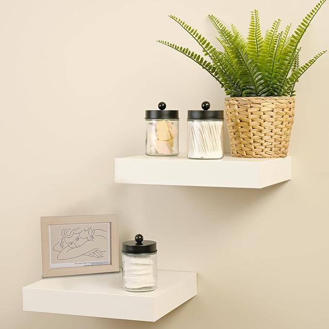 SheeChung 3 Pack Glass Qtip Holder with Black Stainless Steel Lids | Apothecary Jars with Stickers, Modern Farmhouse Bathroom Vanity Organizer for Cotton Swabs, Balls, Pads