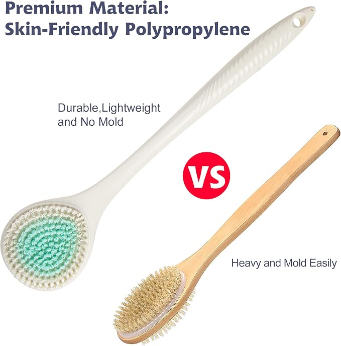 BEDELITE Back Scrubber for Shower, Long Handle 16.4 Inches, Ivory, 1 Pack | Soft Back Brush for Shower, Exfoliating Scrubber, Non-Slip Curved Long Handle Bath Brush, Wet or Dry Use for Back Cleaning