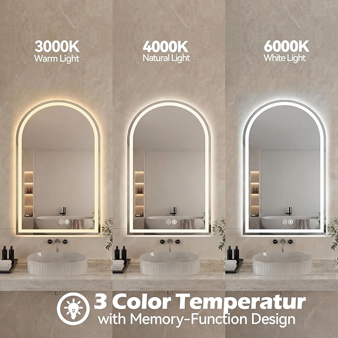 DUMOS 20"x28" LED Bathroom Mirror with Lights, Arched Vanity Mirror | Anti-Fog, Dimmable, 3-Color Light, Memory Function, Front Light and Backlit, Tempered Glass