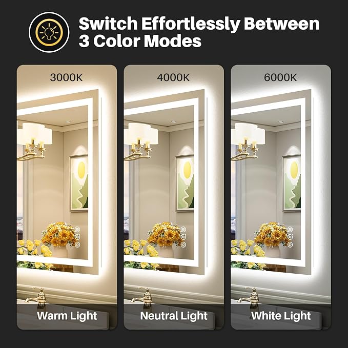 Briivue 28x32 Inch LED Bathroom Mirror with Lights, Backlit & Front Lit | Anti-fog, 3 Color Dimmable, Memory Function, HD Reflection Tempered Glass, ETL Listed, IP54 Waterproof