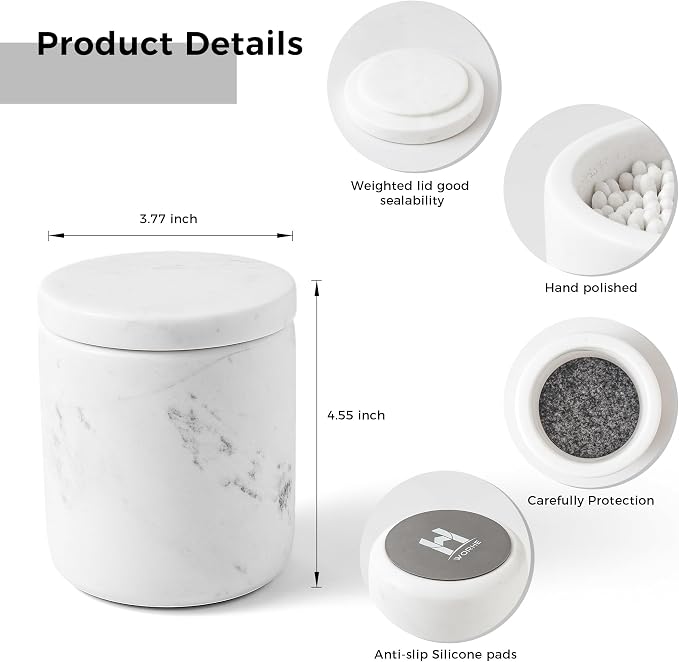 Marble Qtip Holder with Lid Natural Cotton Ball Container for Cotton Swabs,Makeup Sponges,Bath Salt Large Capacity Bathroom Canisters Jars for Countertop Storage and Organization White (WH051)