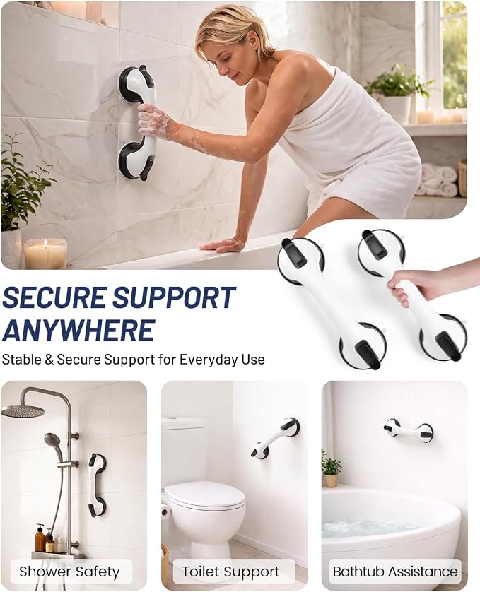 Gel-Enhanced Shower Grab Bar for Seniors and Elderly, Heavy Duty Suction Cup Shower Handle for Bathtubs and Showers, No Drilling Removable Bathroom Safety Bar for Tub and Shower Support