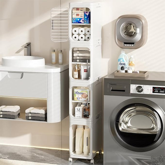 JOYZAN Narrow Bathroom Storage Cabinet with Movable Wheels, Slim Storage Cabinet with 4 Doors & Removable Panel, Skinny Bathroom Organizers and Storage for Small Space, Corner, Kitchen, Laundry