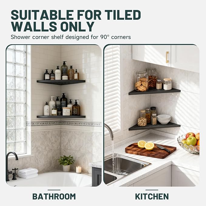 10" Corner Shower Shelf, 304 Stainless Steel Slot Design Bathroom Shower Shelf, Recessed Corner Shelves for Tiled Wall, Matte Black, 2 Pack