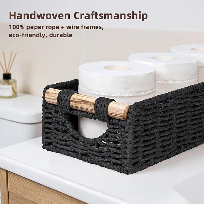 CubesLand Back of Toilet Storage Basket for Organizing w/Cut Out Handle, Handwoven Toilet Tank Top Paper Baskets, Wicker Decorative Basket for Countertop, Home Decor, Living Room, Nursery, Black