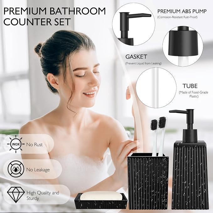 XLHOMO Bathroom Set - Black Bathroom Accessories Set, 5PCS Ceramic Bathroom Accessory Set, Bathroom Sets with Soap Dispenser, Toothbrush Tumbler, Soap Dish, Q-tip Holder & Vanity Tray