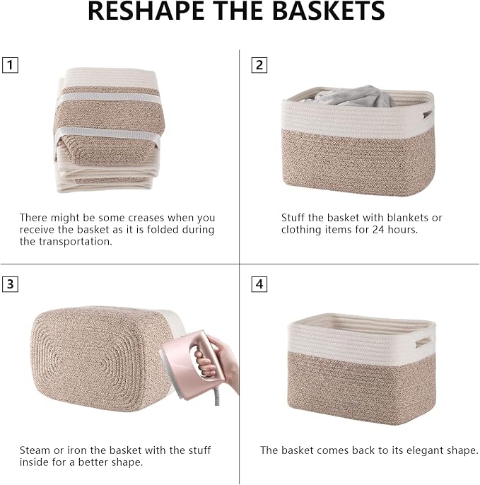 4 Pack Storage Baskets for Organizing, Woven Baskets for Shelves - Perfect for Toys, Books, Towels, and Clothes, Durable Gift Basket Bins Toy Storage, 12.7''Lx9''Wx7.8''H, Brown & White