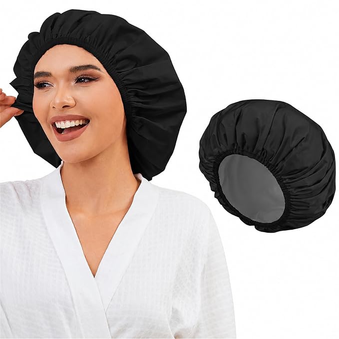 Shower Caps for Women, Reusable Waterproof Shower Cap with Elastic Band, Thickened Waterproof Fabric Shower Bonnet for Braids, Long Hair