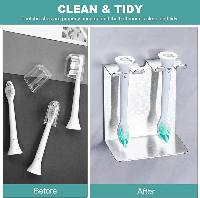 Electric Toothbrush Head Holder, Tooth Brushing Holder, Wall Mounted Toothbrush Holders Shower Bathroom, Self Adhesive or Desktop Tooth Brush Holder Organiser (Silver, Small)