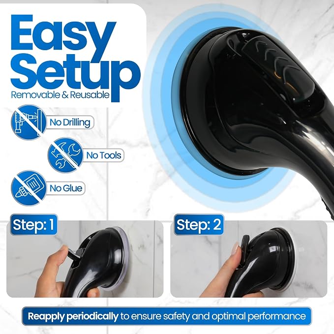Safe-er-Grip Changing Lifestyles Suction Cup Balance Assist Bar for Bathtubs & Showers; Safety Bathroom Grab Bar Handle, All Black, 12 inches