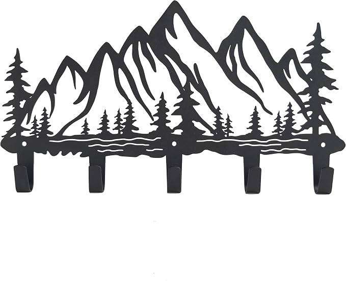 Metal Mountain Coat Hooks Wall Art Decor-Mountain Hangers and Key Holder-Clothes Hat Rack and Backpack Hanger Decor for Storage, Living Room, Hallway, Office (Black)