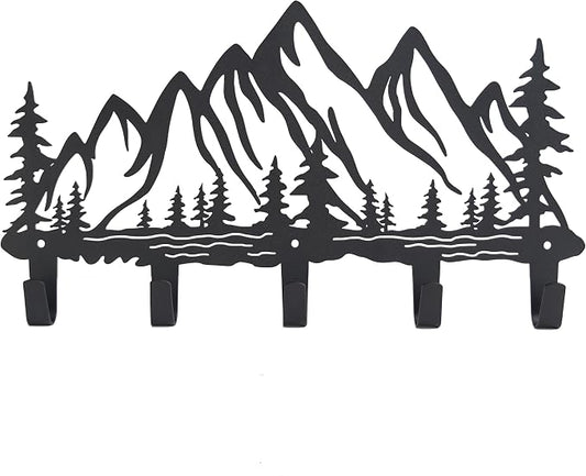 Metal Mountain Coat Hooks Wall Art Decor-Mountain Hangers and Key Holder-Clothes Hat Rack and Backpack Hanger Decor for Storage, Living Room, Hallway, Office (Black)
