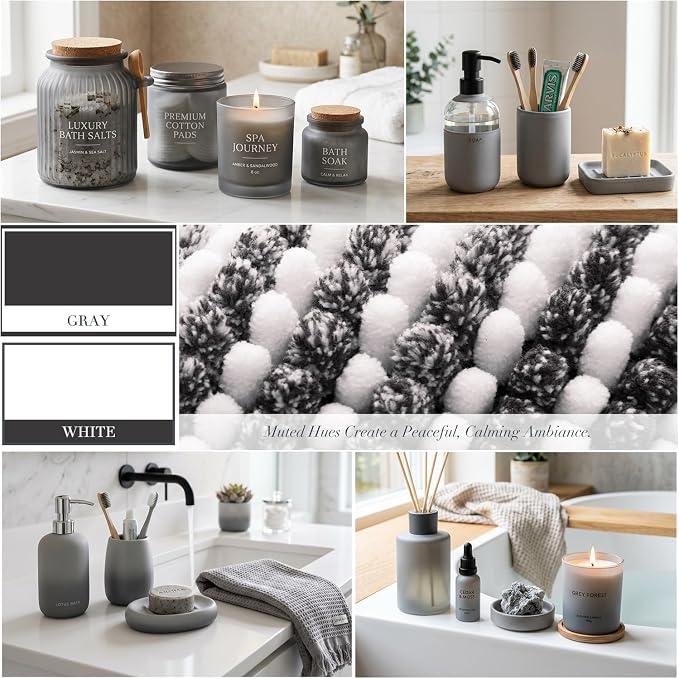 Bathroom Rugs Sets 2 Piece, Non Slip Striped Bath Mats, Gray | 20"x47" Plus 16"x24", Soft Absorbent Chenille, Quick Dry Machine Washable, Shower Rug for Bathroom Floor, Tub, Bedroom Decor