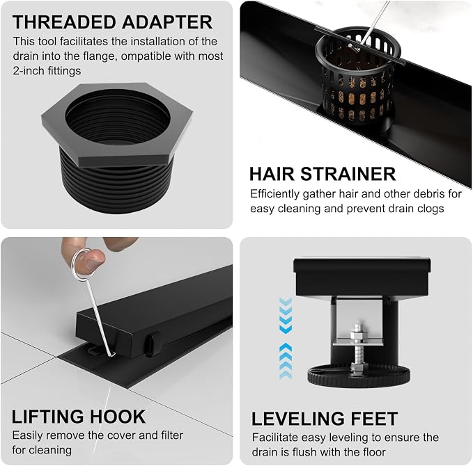 BARONAGE 24 Inch Linear Shower Drain, Reversible Tile Insert, Matte Black | 304 Stainless Steel Linear Drains, Rustproof, Hair Catcher, Rectangle Shower Floor Drain With Leveling Feet For Bathroom