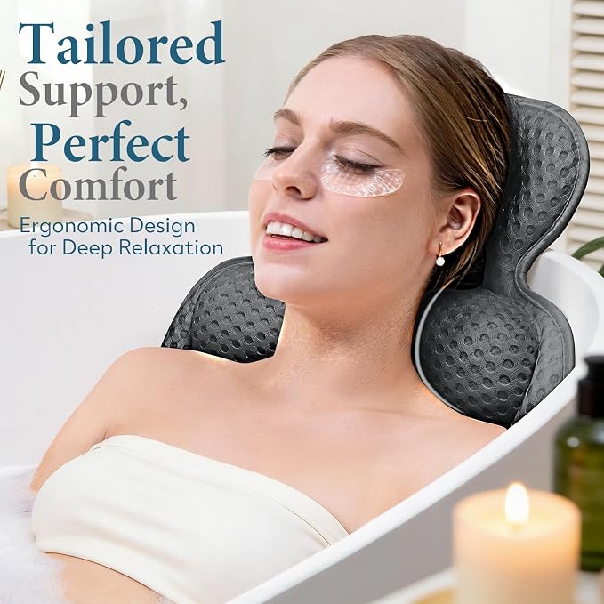 Bath Pillows for Tub, Comfortable Bathtub Cushion for Head and Neck with Soft 3D Mesh Fabric and 54 Non-Slip Suction Cups, Relaxing Tub and Shower Accessories Spa Gift Gray Standard