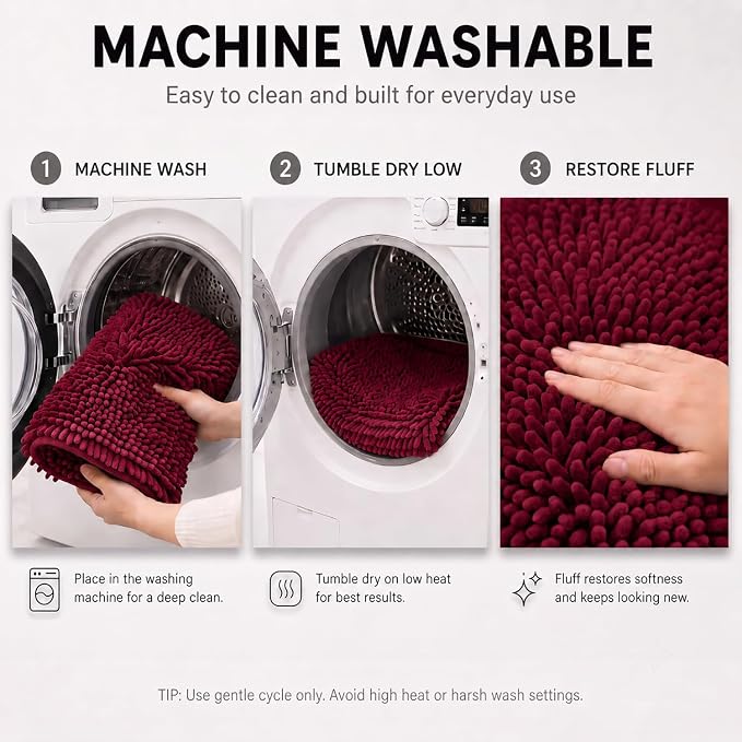 Bathroom Rugs Sets 2 Piece,Super Absorbent Soft,Thick,Machine Washable Chenille Bath Mat,Non Slip Toilet Floor Rug,Bath Mats for Bathroom,20x32 Plus 20x20 U Shape,Burgundy
