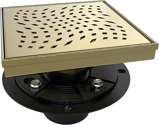 WEBANG 6 Inch Square Shower Drain Gold Floor Drain with Flange Wave-Hole Pattern Cover Grate Removable SUS304 Stainless Steel Watermark&CUPC Certified Brushed Gold