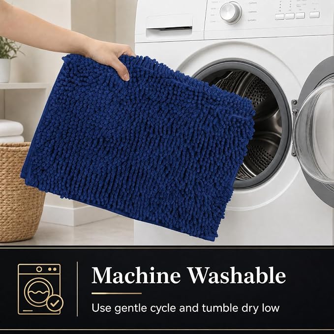 Bathroom Rugs Chenille Bath mat 3 Piece Set, Super Absorbent, Strong PVC Non Slip Backing, Bath mats for Bathroom, Plush Shaggy, Thick, Machine Washable, Bathtub, Toilet, Navy Blue