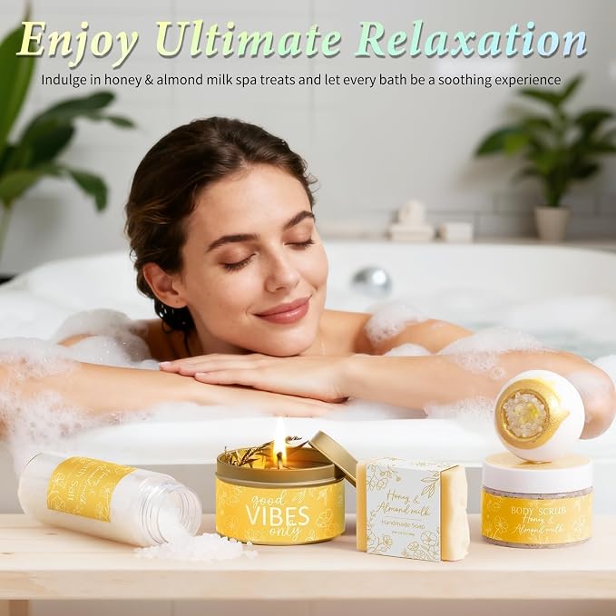 Spa Gifts Baskets for Women Bath Set Birthday Gifts for Women Self Care Kit | Honey & Almond Milk Spa Gifts Home Bath Relax Care Package, Christmas Thank You Gifts for Women Mom Her Friend Sister Teacher