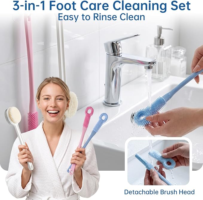 Foot Scrubber with Pumice Stone & 2 Pcs Toe Cleaning Brush, Long Handle Callus Remover for Feet, Toe Cleaning Brush for Dead Skin, Shower Foot Brush for Seniors, Elderly, Men Women (Include 4 Hooks)