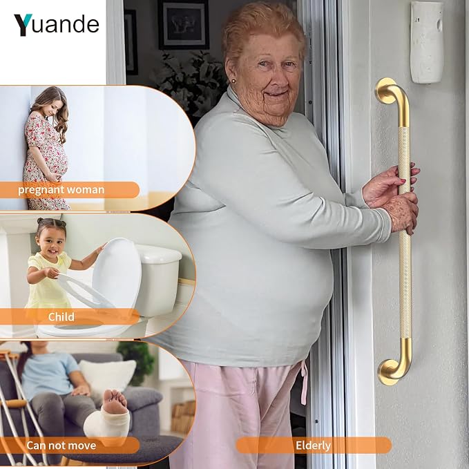 32 Inch Brushed Gold Shower Grab Bar with Anti-Slip Knurled Grip,YuanDe Stainless Steel Bathroom Grab Bars，Shower Handrail Support, Handicap Elderly Balance Assist Handles