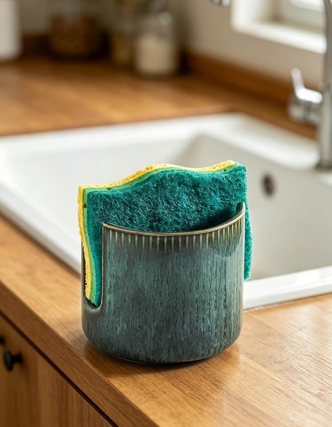 Sponge Holder for Kitchen Sink Countertop, Ceramic Scrub Sponge Dish Holder, Compact Sink Caddy Organizer Accessories for Dish Brush, Scrubber, Vintage Green