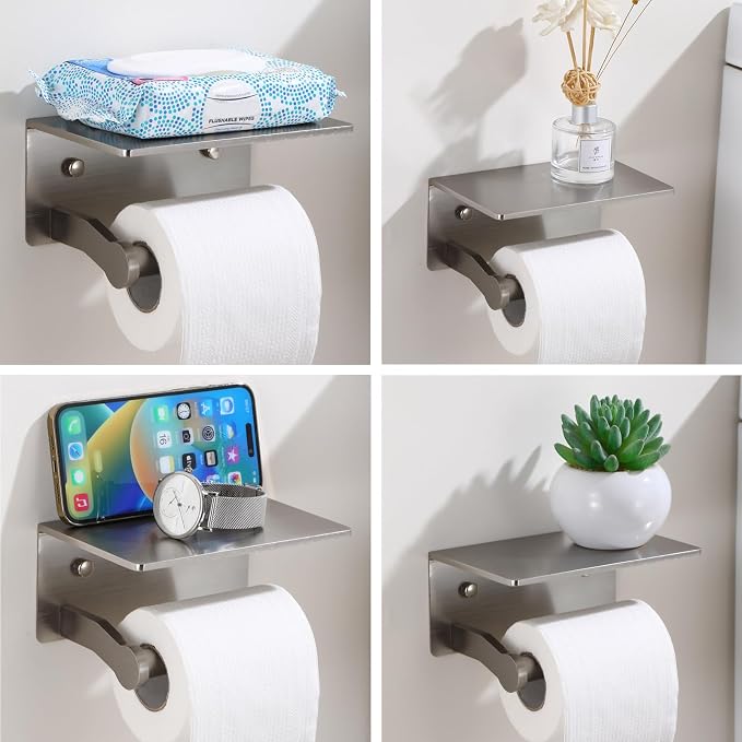 Toilet Paper Holder with Shelf - Toilet Tissue Holder with Cell Phone Shelf for Bathroom - Toilet Paper Roll Holder with Wipes Storage, Wall Mounted by Adhesive Tape or Screw - Brushed Nickel