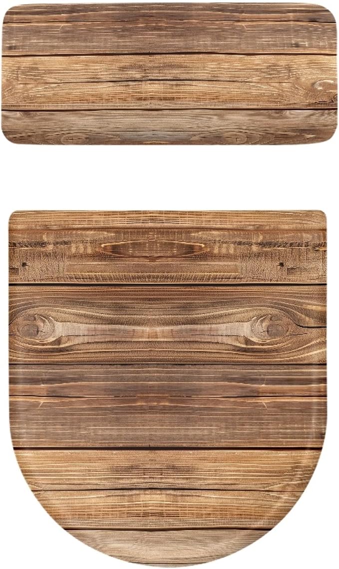 Brown Wood Print Toilet Lid Cover Set of 2 Pack,3D Wood Print Toilet Seat Lid Covers Washable Replacement Bathroom Elongated Round Oval