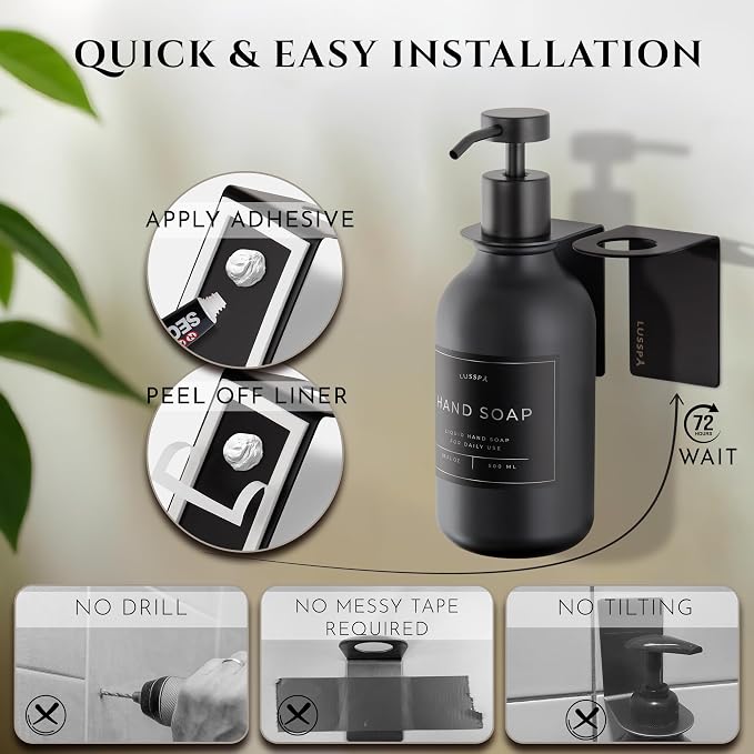 Shower Shampoo Dispenser Wall Mounted – Refillable 16.9 oz Black Bottle with Stainless Steel Pump & No-Drill Adhesive Holder – Soap Dispenser for Bathroom (1 X Black)