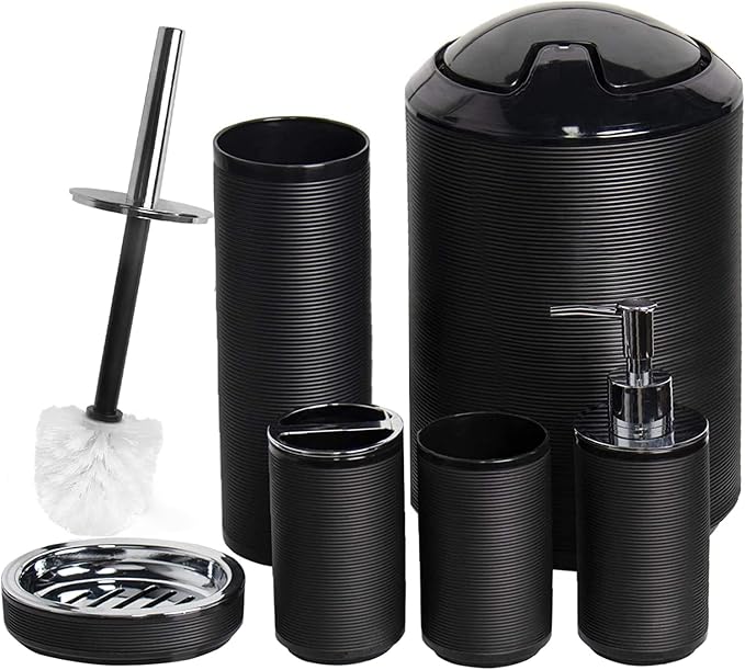 CERBIOR Bathroom Accessories Set 6 Piece Spiral Pattern Bath Ensemble,Black | Includes Soap Dispenser, Toothbrush Holder, Toothbrush Cup, Soap Dish for Decorative Countertop and Housewarming Gift