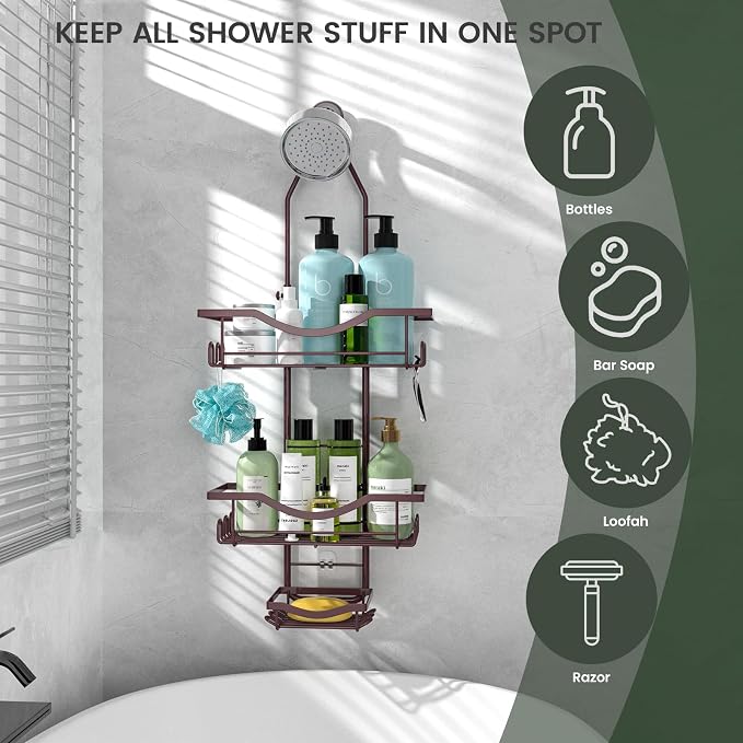 REINHARDT Adjustable Shower Caddy Hanging Over Shower Head, Bronze | Rustproof Shower Organizer, Extra Long, No Drilling, Anti-Slip, Fast Draining, Soap Holder, 12 Hooks, Bathroom Accessories