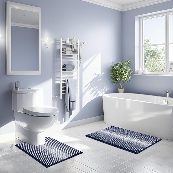 Bathroom Rugs Sets 2 Piece, 32"x20" + U-Shaped 24"x20", Navy Blue | Ultra Soft Absorbent, Chenille Contour Toilet Rug, Non Slip Striped, Quick Dry Machine Washable, Shower Rug for Bathroom