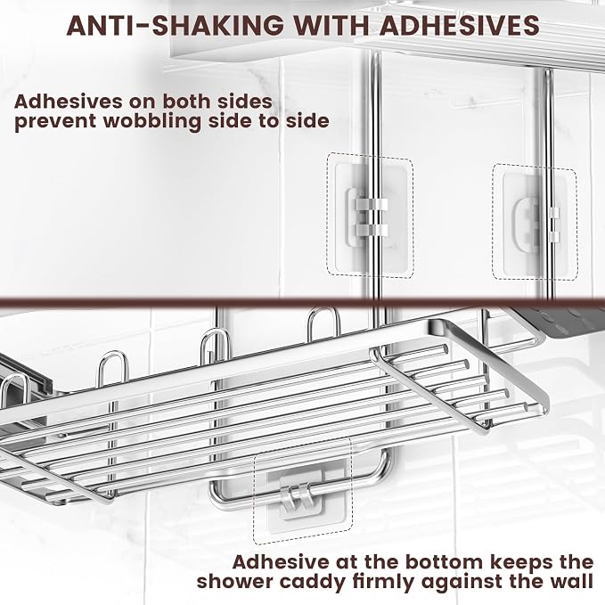 Rustproof Shower Caddy Hanging with Soap Holders for Bathroom, Silver | Shower Organizer with Multi Hooks Toothbrush Holder, No Drilling, Anti-Swing, Storage for Shampoo Conditioner Body Wash