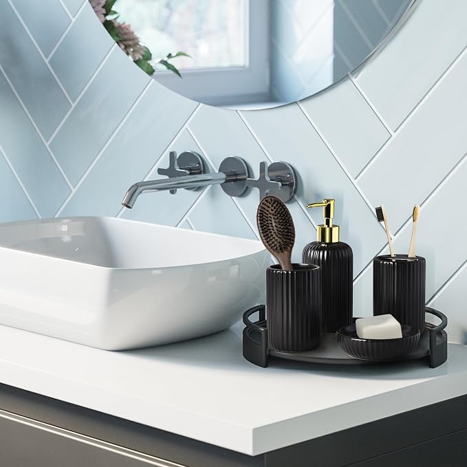 Black Bathroom Accessories Set, 4PC Ceramic Bathroom Sets Complete-Toothbrush Holders, Soap Dispenser, Soap Dish, Toothbrush Cup, Stylish Black Gold Bathroom Decor, Bathroom Organizer for Countertop