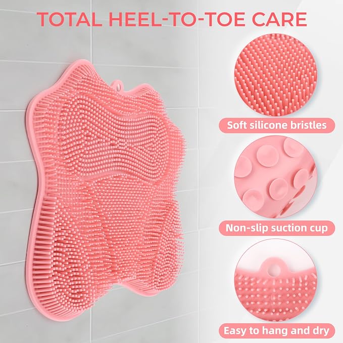 Silicone Foot Scrubber Mat for Shower Bath Foot and Back, Shower Feet Brush Pad with Wall-Mounted Suction Cups (Pink)