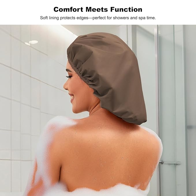 2 Pack Shower Caps for Women, Reusable Waterproof Shower Cap with Elastic Band, Thickened Waterproof Fabric Shower Bonnet for Braids, Long Hair