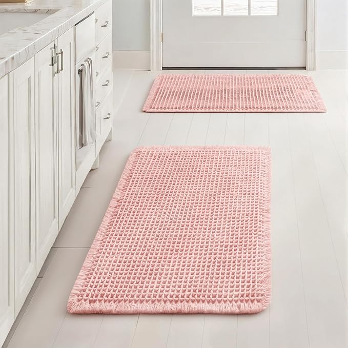 MIULEE Set of 2 Waffle Bathroom Rugs Boho Bath Mat Pink 17x24 Inch | Non Slip, Super Absorbent, Washable, Ultra Soft, Rubber Backed, Small Bath Rugs for Bathroom Floor Tub Shower