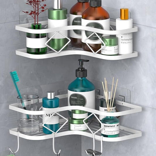 Large Corner Shower Caddy Shelf, 2 Pack Adhesive Bathroom Shower Organizer Shelves, No Drilling Rustproof Wall Mounted Shower Storage Basket Shampoo Holder Organizer (White)