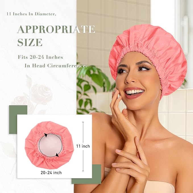 Edoneery Shower Caps for Women Reusable Waterproof, Shower Hair Cap | Washable Bonnet, Wide Elastic Band, Large Fit, Holds Long Hair, Braids Friendly, Bath Accessories, Spa, Travel