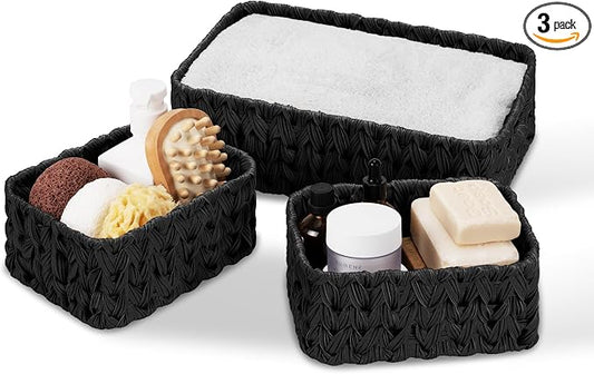GRANNY SAYS Wicker Baskets for Organizing, Wicker Storage Basket for Shelf, Woven Baskets Oraganizer, Waterproof Vanity Basket for Towel, Home Organization, Black, 3-Pack
