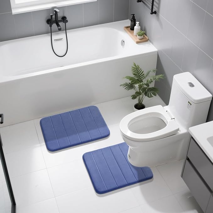 Yimobra U-Shaped Toilet Bath Mat Set 2 Piece - Soft Absorbent Quick Dry Memory Foam Bathroom Rugs, Machine Washable Non Slip Floor Carpet for Tub Shower & Single Sink (17x24 & 24x20, Navy Blue)