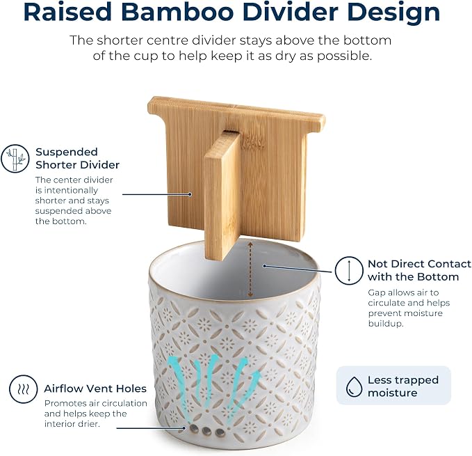 Zoeeker Toothbrush Holders, Ceramic Electric Toothbrush & Toothpaste Holder | Detachable 3 Slots Tooth Brush Cup with Drain Holes & Bamboo Divider, Makeup Brush Storage Holder for Bathroom, Family, Kids