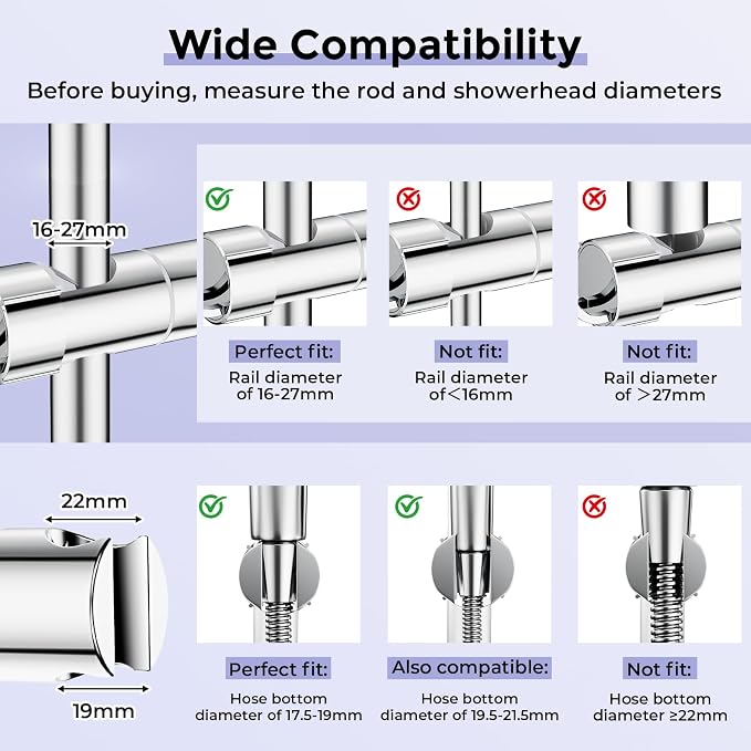 Adjustable Shower Head Holder with 2 Hooks, Universal Shower Holder Bracket for 16-27mm Slide Rod, Chrome Plated Shower Slider Rail Clamp Shower Holder Replacement, Easy Installation