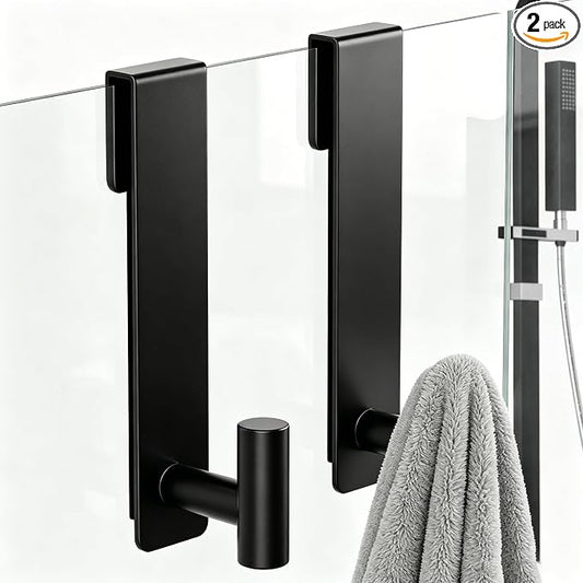 WUIVIUT T-Shape Heavy-Duty Stainless Steel Over The Glass Door Hooks - Frameless Glass Door Hooks for Bathroom Shower Towel Holder 19 cm Hook for Robe,Towels,Shower(T Shape 2 Pack, Fits 3/8'' Thick)
