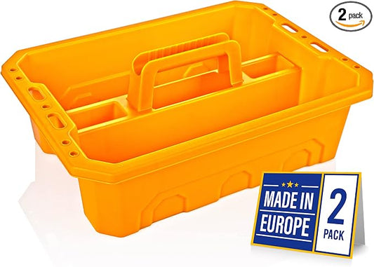 CANOPUS Storage Tray Tote with Functional Holes - 2 PCs Plastic Cleaning Caddy with Handle, Portable Caddy, Undersink Storage for Kitchen, Shoe Cleaning Box, Products Organizer, Yellow