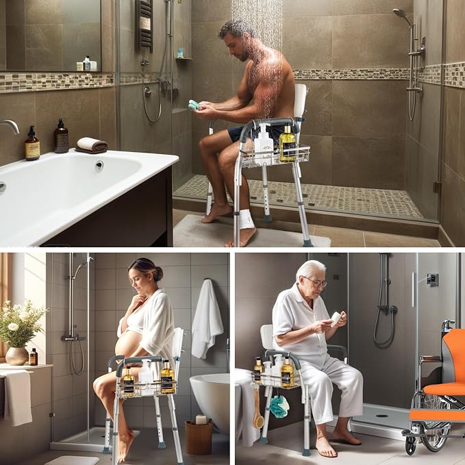 DELLAN Hanging Shower Caddy, Shower Rack with Hooks for Shower & Bath Chair, Bathroom Shower Basket for Elderly, Pregnant, Handicap, Patient