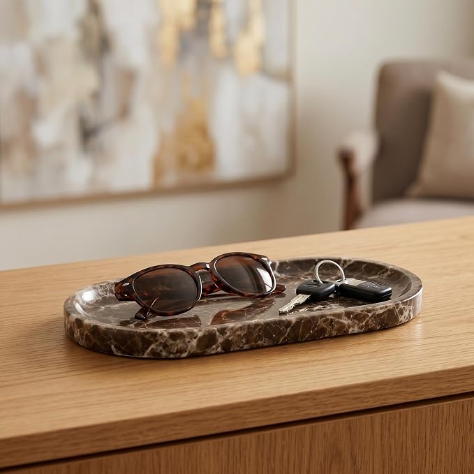 YKAJO Crystal Coffee Brown Oval Marble Tray, 9.8x4.7 Vanity Organizer Dish | Honed natural stone; jewelry & trinket dish, ring & key holder, soap & candle catchall; bath counter, dresser, coffee table
